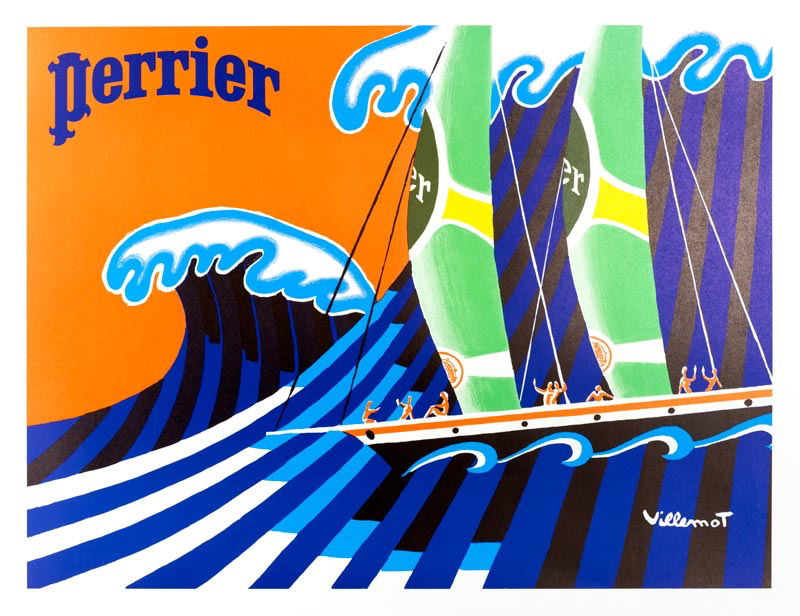 Perrier Hokusai wave by Bernard Villemot original 1980 vintage poster on linen