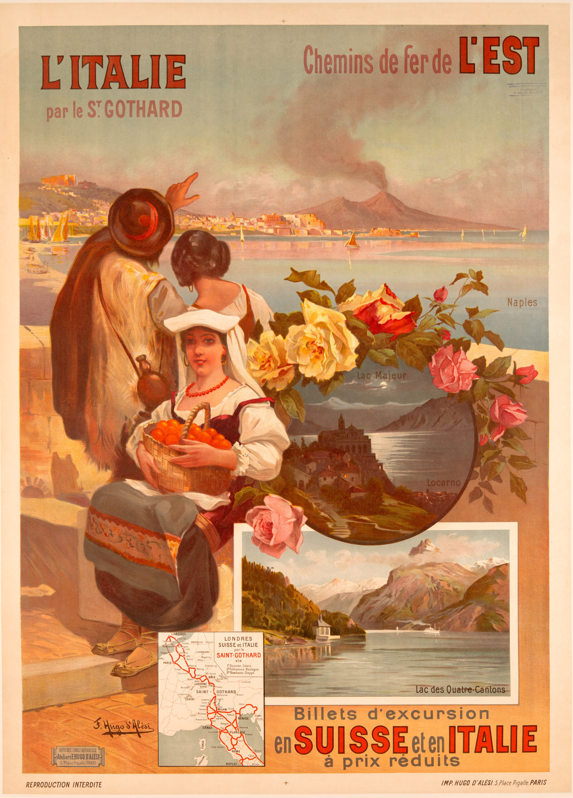 L'ITALIE ST GOTTHARD SUISSE BY HUGO D'ALESI ORIGINAL VINTAGE FRENCH TRAVEL POSTER 1900