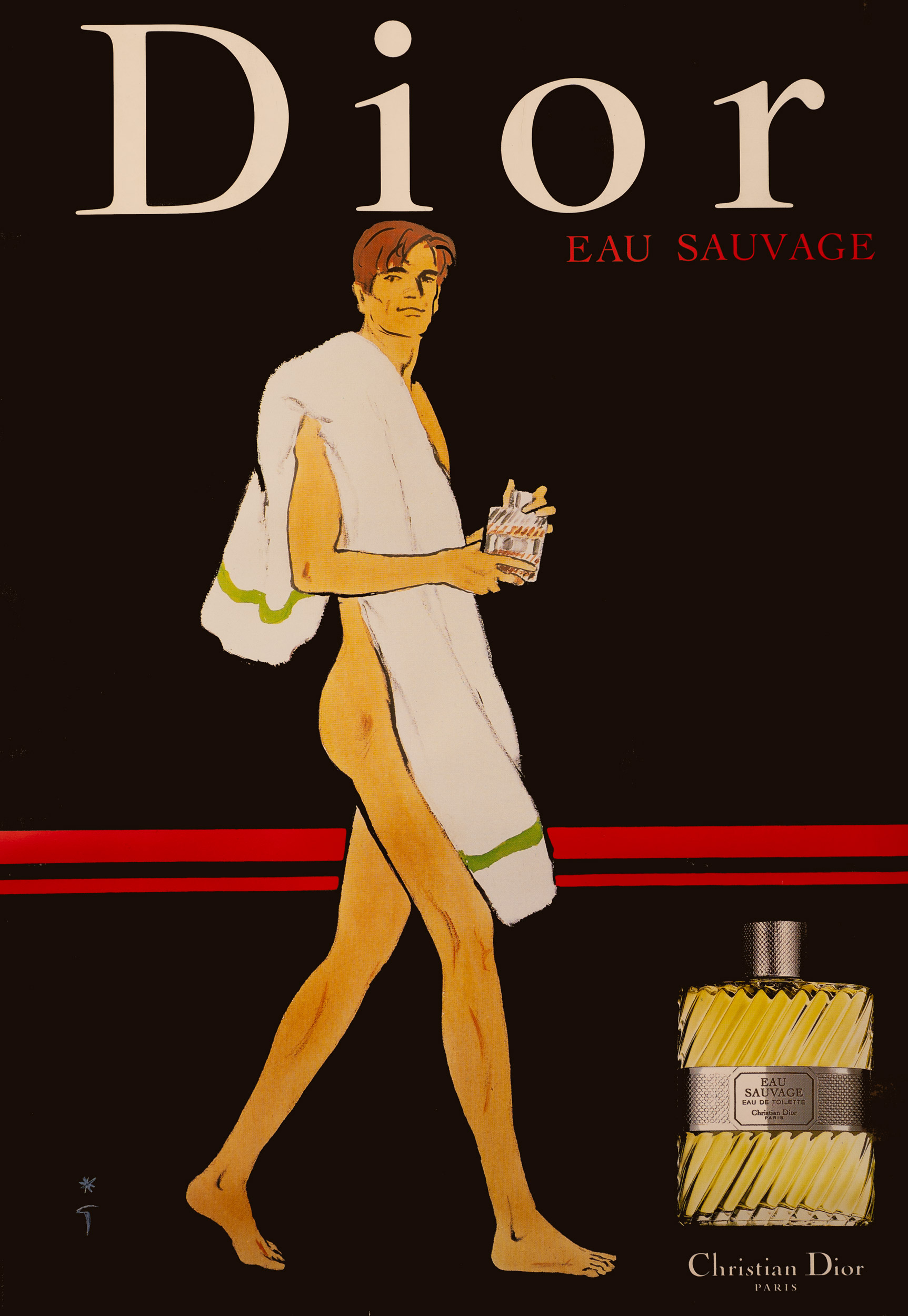 Dior Eau Sauvage Perfume poster by Rene Gruau on linen 1980 original