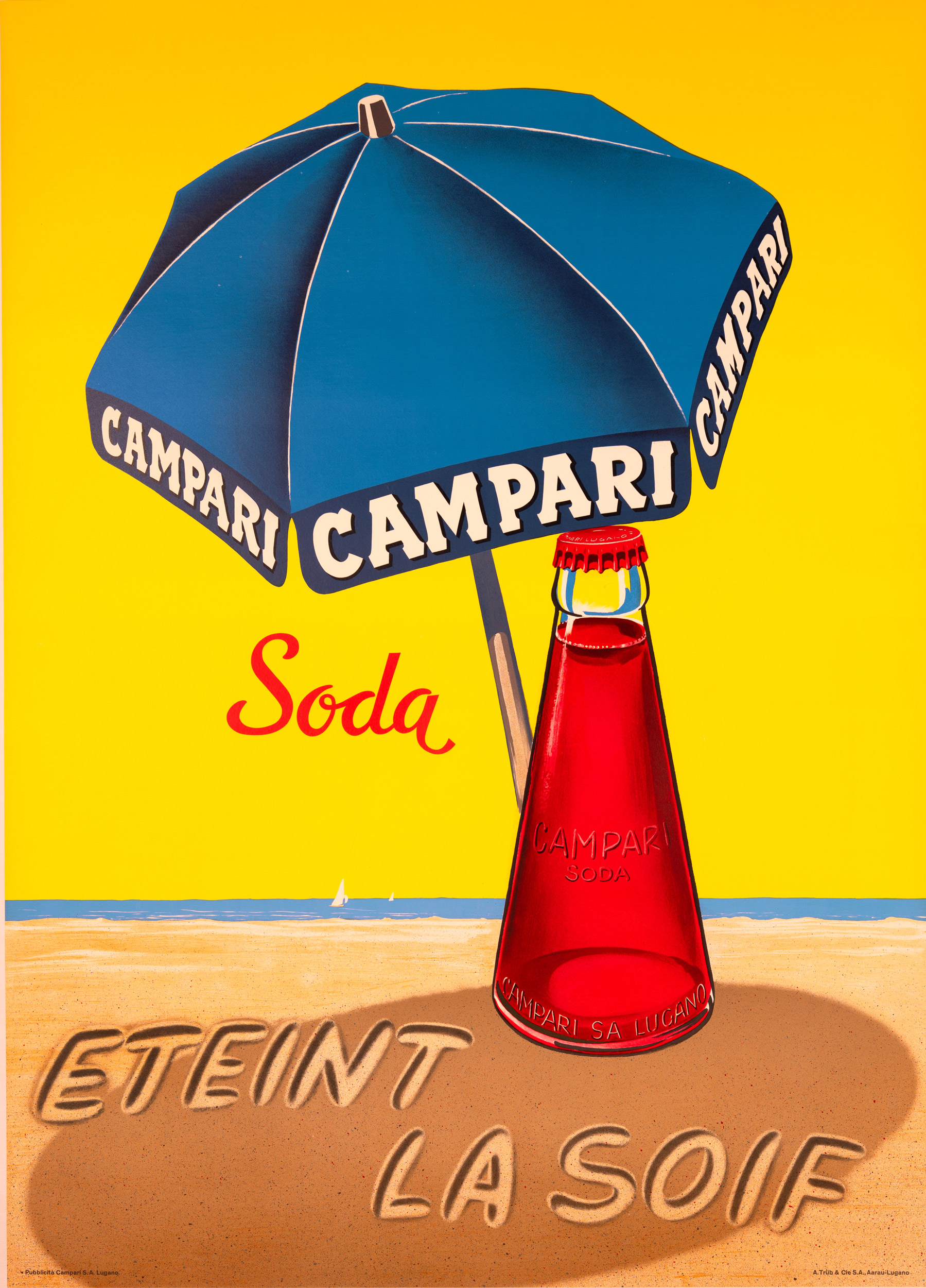 Campari Umbrella in the Sand by A Traub Printers Swiss 1963 original (French Version)
