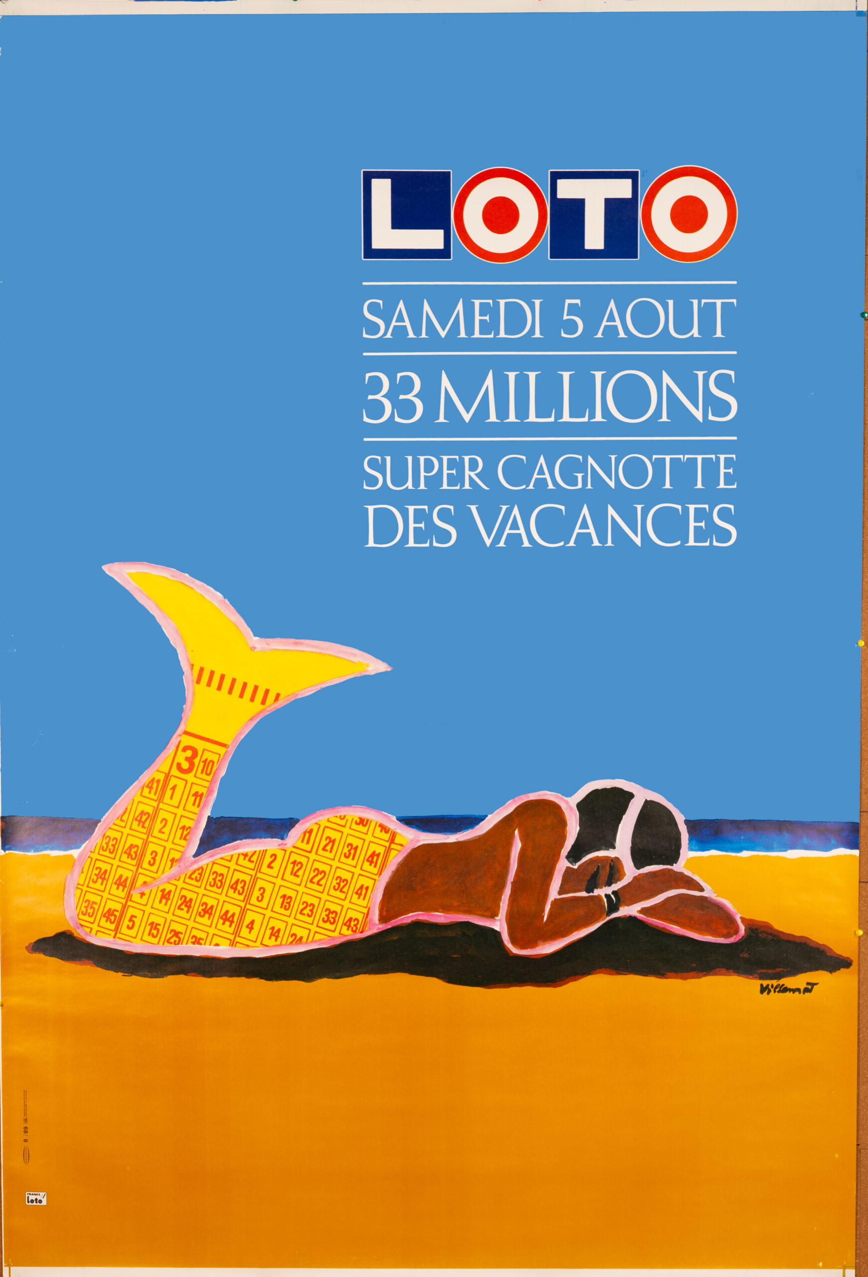 French Loto Mermaid Poster (1989) by Bernard Villemot – Original French Lottery Advertising Poster