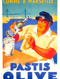 Pastis Olive – Original 1930 French Stone Lithograph Poster by Marc, Printed by Publi-Vente, Paris, 51 × 79 in