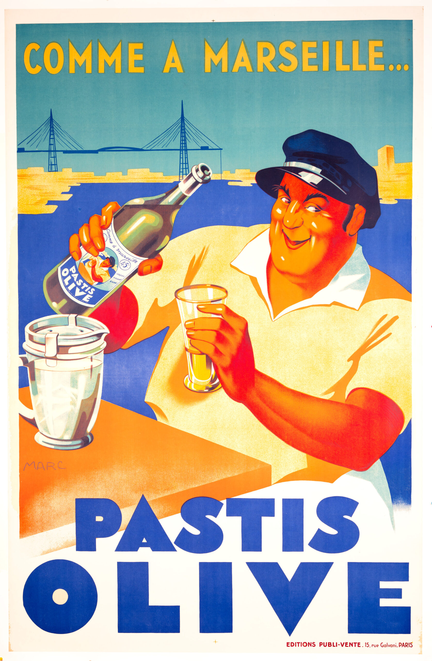 Pastis Olive – Original 1930 French Stone Lithograph Poster by Marc, Printed by Publi-Vente, Paris, 51 × 79 in