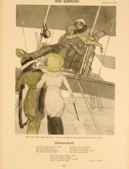 Simplicissimus 1913 by Kainer airplane on linen original