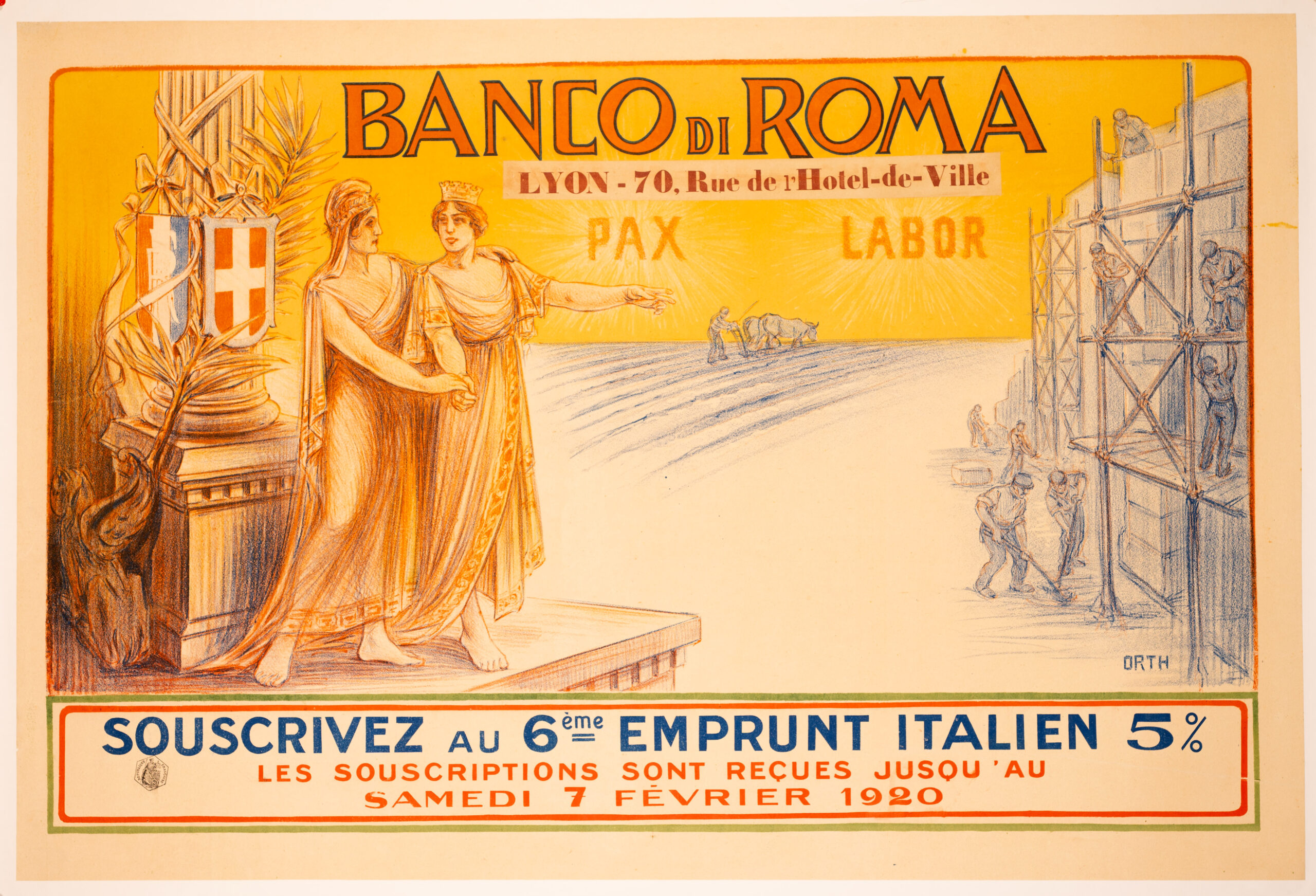 Banco di Roma by Orth c1920 Emprunt Colliseum Marianne Bank Poster