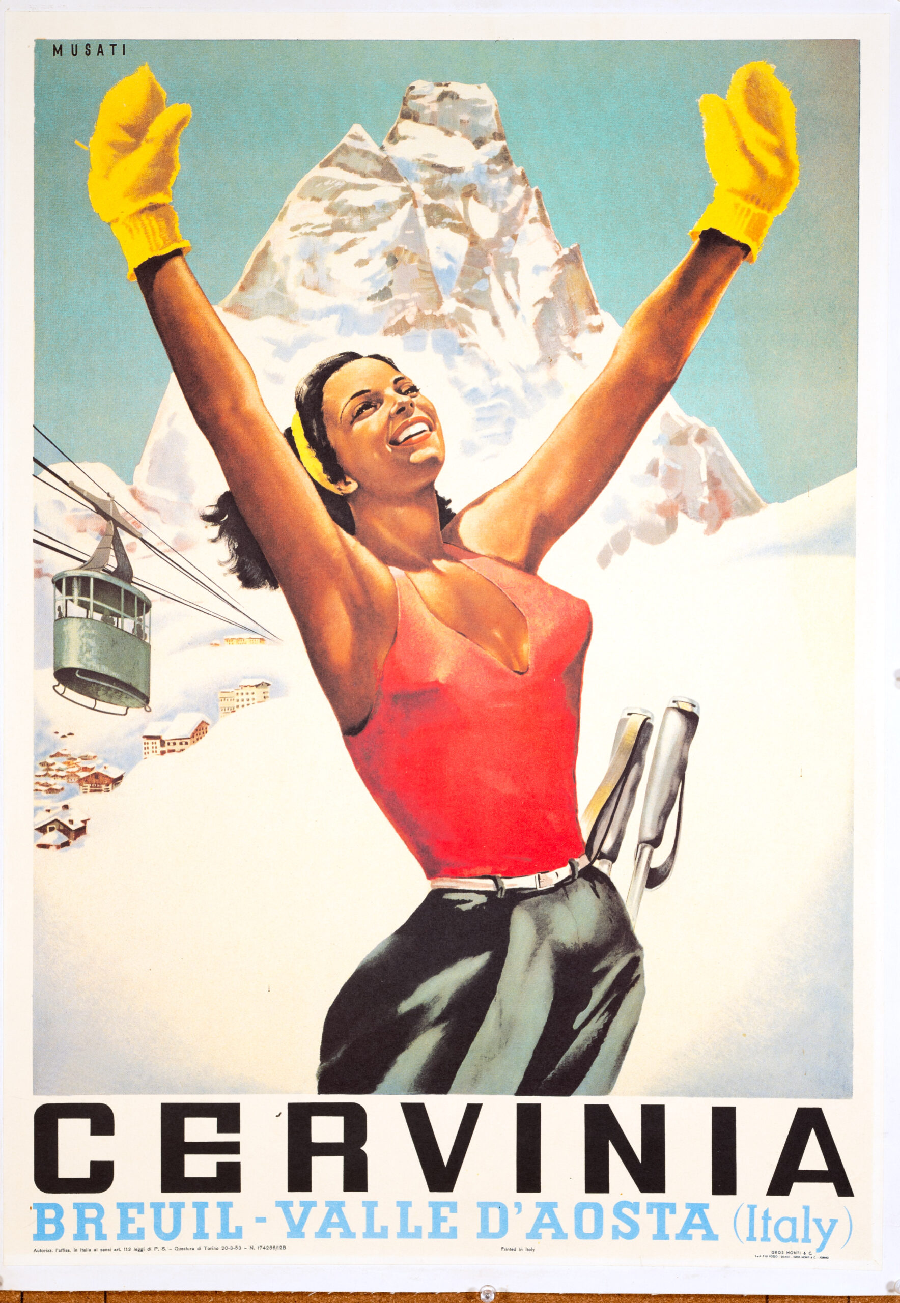 Arnaldo Musati – Cervinia (1950s Design, 1970s Printing) Original Italian Ski Poster – Matterhorn