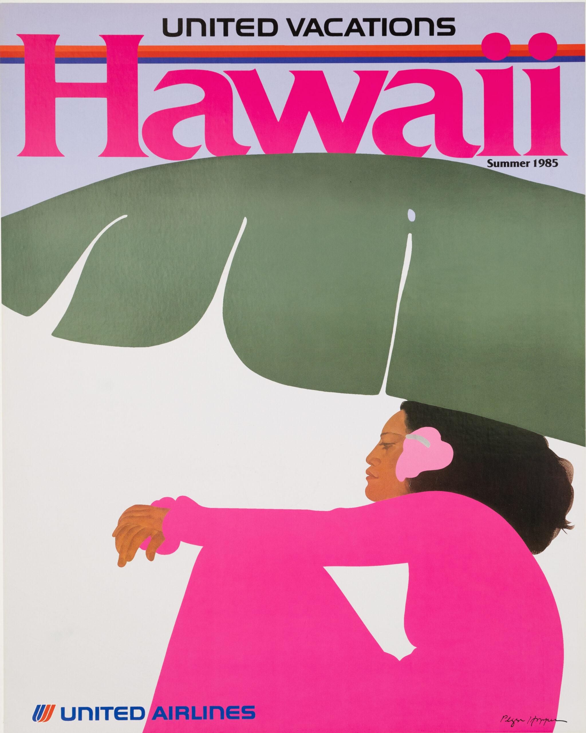 United Airlines to Hawaii – Pegge Hopper, Original 1985 Travel Poster on Linen