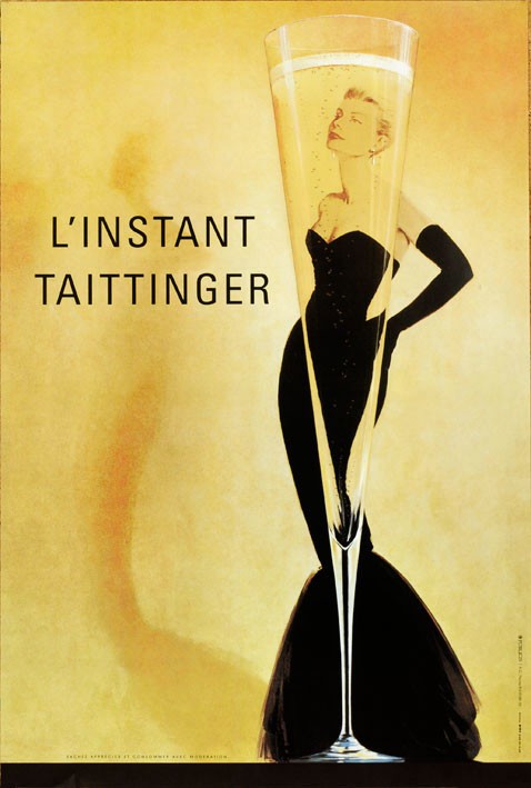 L'Instant Taitinger Champagne 1980 original vintage poster on linen
