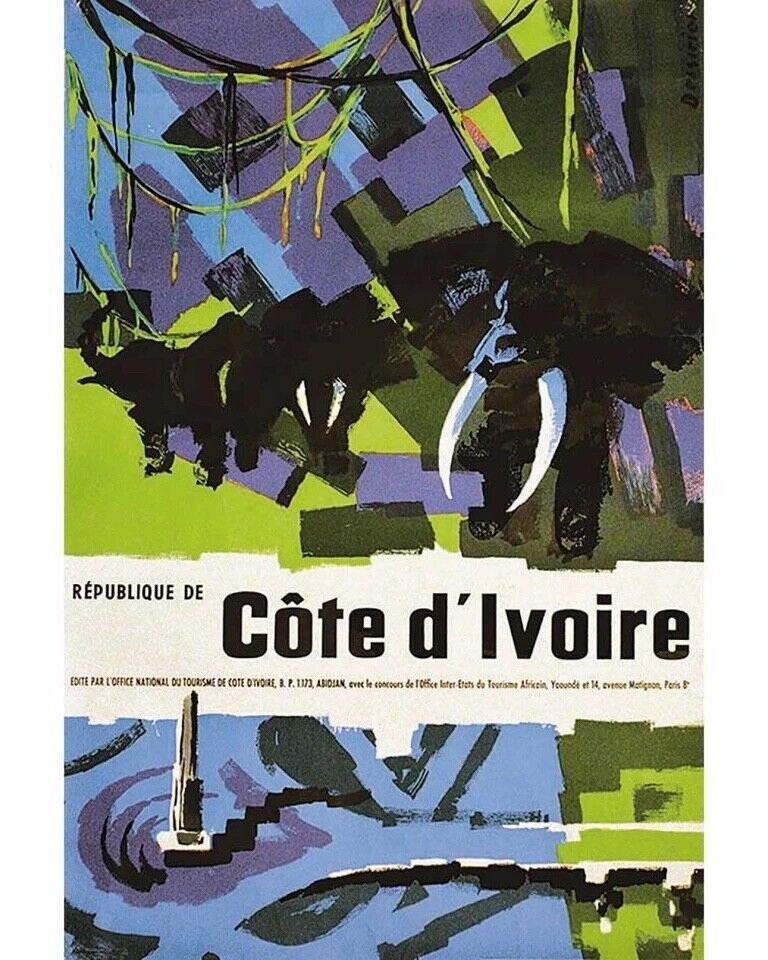 COTE D'IVOIRE ELEPHANT AFRICA TRAVEL POSTER BY DESSIRIER 1950