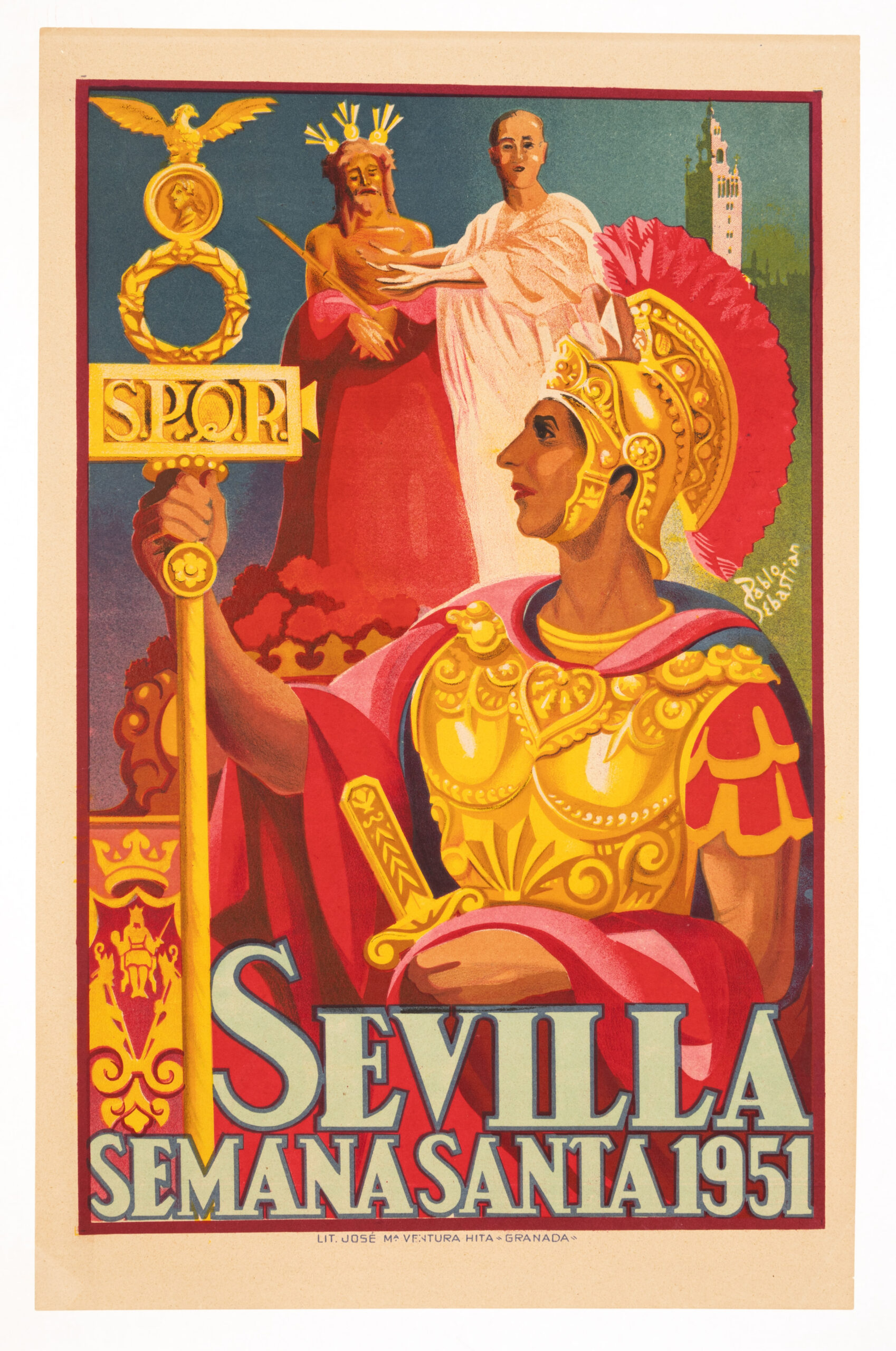 Spanish Travel Poster Sevilla Spain Semana Santa 1951 by Pablo Sebastian original lithograph Roman Legionnaire