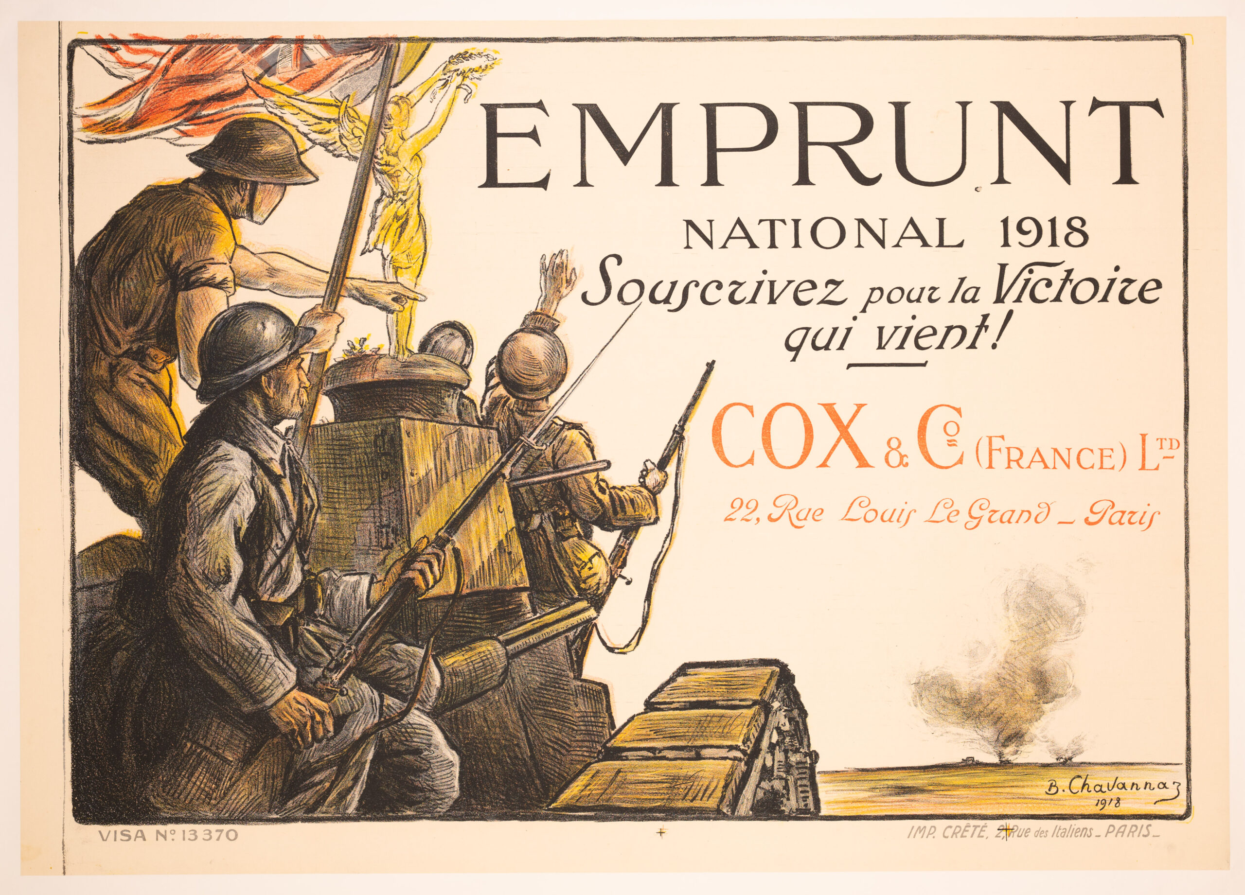 Emprunt National 1918 – Souscrivez pour la Victoire, Original WWI Poster by B. Chavannaz, 1917, Allied Tank