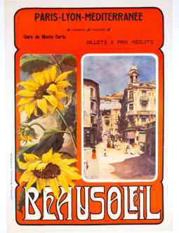 beausoleil french travel poster featuring a sunflower and the old town of Beausoleil next to monte carlo