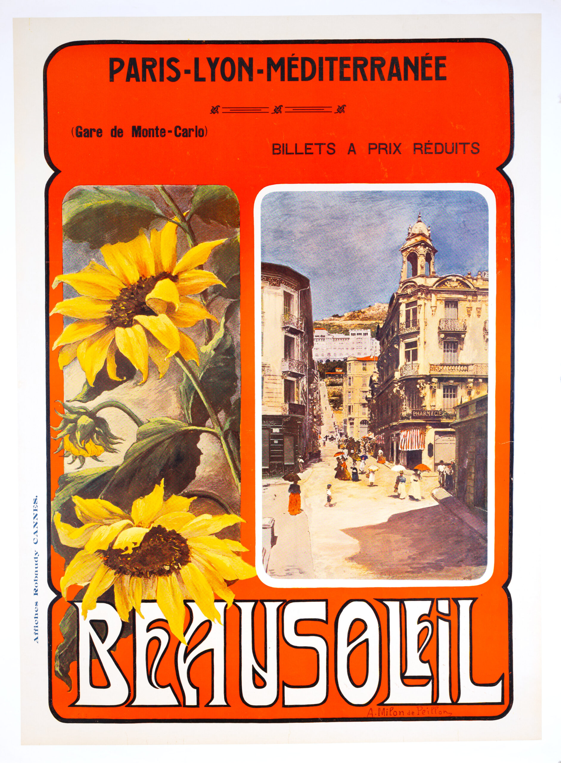 beausoleil french travel poster featuring a sunflower and the old town of Beausoleil next to monte carlo