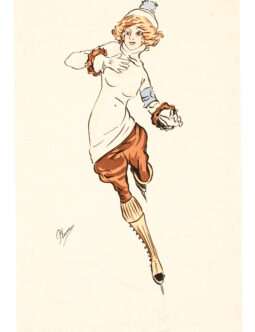 Ice Skating Aquarelle circa 1910 with Fashionable lady by Plum