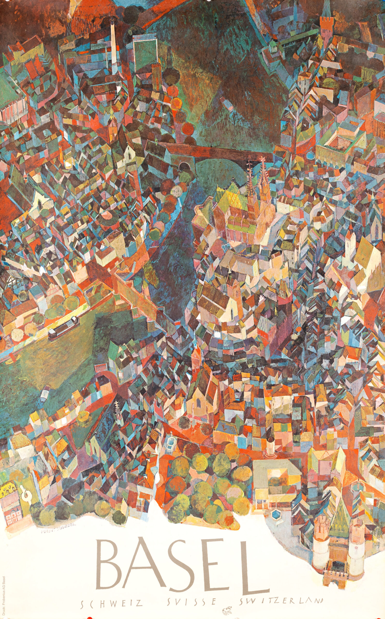 Basel Switzerland Travel Poster Markus Schneider c1960 Frobenius Birdseye View