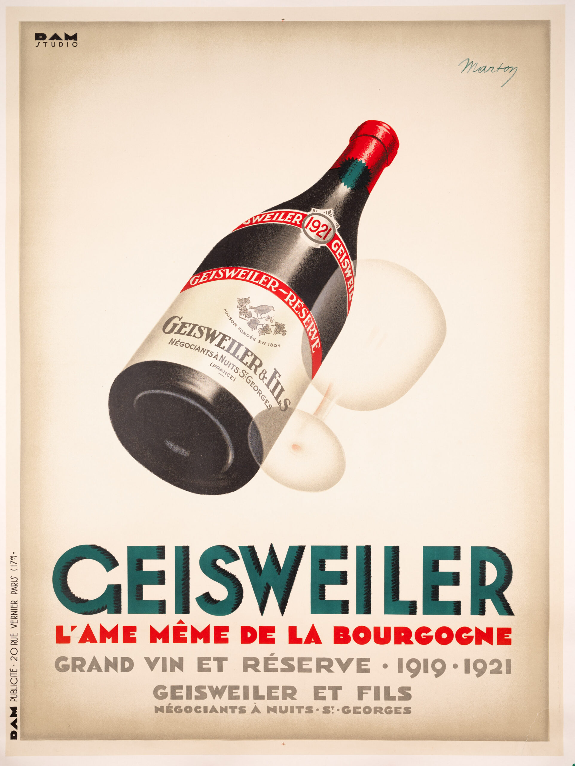 Original large-format French advertising poster for the Geisweiler wine company, designed by Lajos Marton in 1921