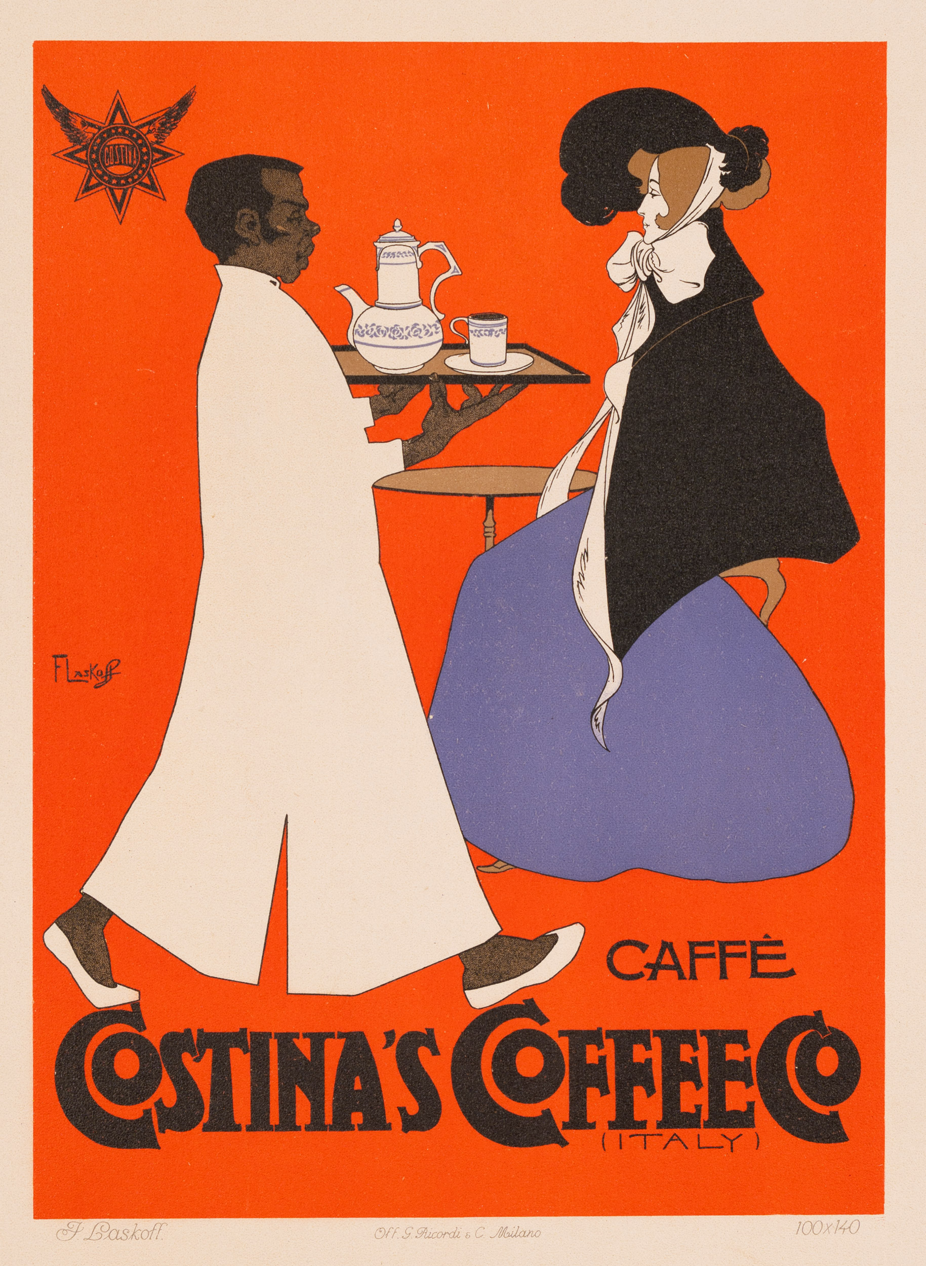 CAFFE COSTINAS COFFEE — FRANS LASKOFF - RICORDI PORTFOLIO — c.1910 COFFEE POSTER